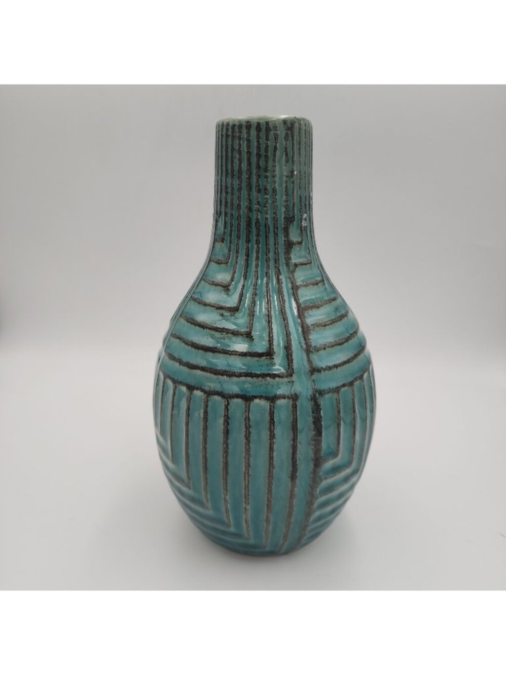 Teal Blue Ceramic Vase 9.5" Textured Geometric